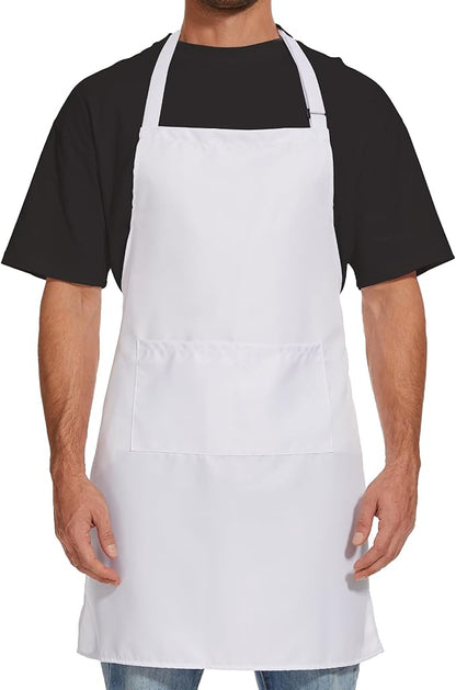 Will Well Kitchen Apron for Men and Women - 33" x 27" Oil-and-Water-Resistant with Adjustable Neck Strap and 38" Waist Ties for a Snug Fit, Lightweight with 2 Front Pockets - 1-Pack, White