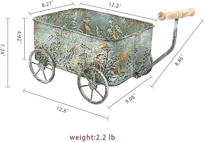 Flower Cart with Wooden Handles, Metal Wagon Planters for Outdoor Plants, Garden Planter with Wagon Wheels, Decorative Wheelbarrow, Plant Cart for Patio Garden Balcony (Blue)