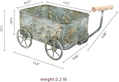 Flower Cart with Wooden Handles, Metal Wagon Planters for Outdoor Plants, Garden Planter with Wagon Wheels, Decorative Wheelbarrow, Plant Cart for Patio Garden Balcony (Blue)