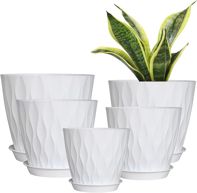 Plastic Plant Pots with Drainage Holes and Saucers, 8/7/6/5/4 Inches Garden Plant Flower Pots for Indoor Planter, 5 Pack Nursery Planting Pot for Indoor & Outdoor House Plants (White, 8/7/6/5/4)