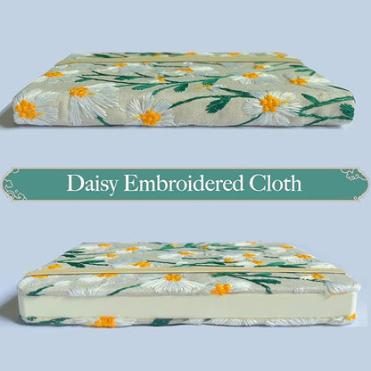 Daisy Gifts, Embroidered Journal, Floral Notebook, A5, 8"x6", Lined, Wide Ruled Paper, Hardcover, Lay Flat, Pretty Journal for Women, Personal Journal, White Daisy Flowers, with Elastic Band