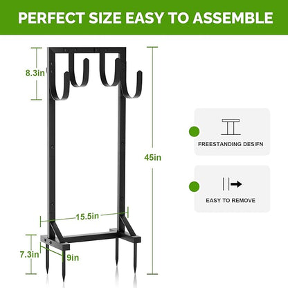 Heavy-Duty Garden Hose Holder with Stable Base and Tool Hooks, Freestanding Metal Hose Hanger Garden Hose Storage Holds 151Ft Hose, Rustproof Water Hose Holder for Outside Yard Lawn, Black