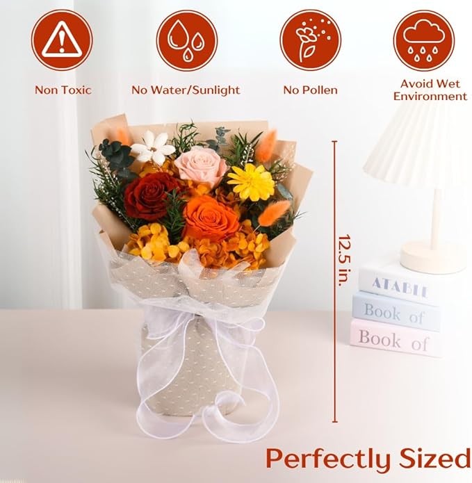 Forever Flowers Bouquet, Preserved Long-Lasting Orange Roses, Vase-Ready Arrangement for Birthday, Anniversary, Graduation, Valentine’s Day Gifts for Women