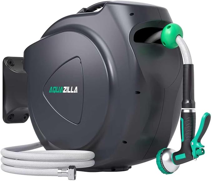 Retractable Garden Hose Reel - 5/8 in x 100 ft Automatic Wall Mount Heavy Duty Automatic Water Hose Reel with 9 Patterns Nozzle, Kink-Resistant Hose, 180° Swivel, Auto-Lock for Outdoor Watering