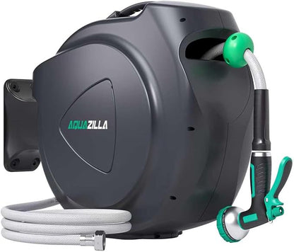 Retractable Garden Hose Reel - 5/8 in x 100 ft Automatic Wall Mount Heavy Duty Automatic Water Hose Reel with 9 Patterns Nozzle, Kink-Resistant Hose, 180° Swivel, Auto-Lock for Outdoor Watering