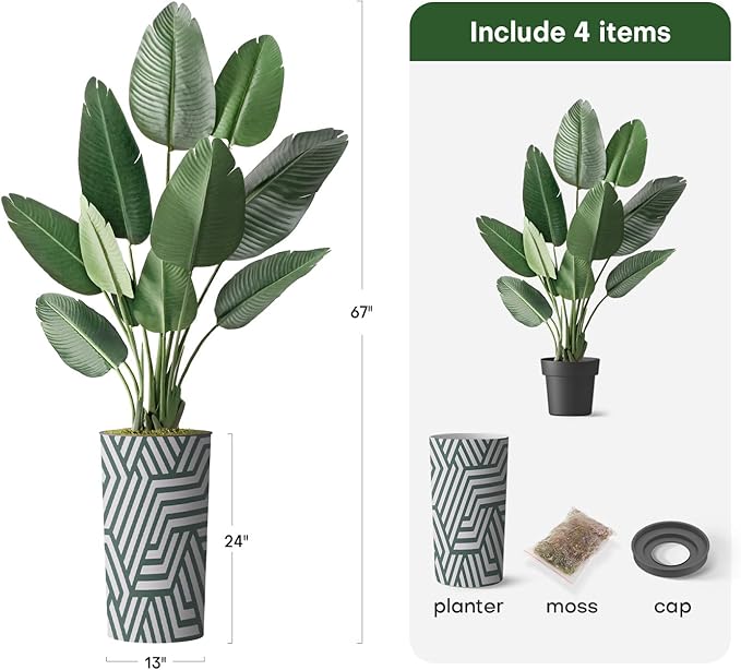 Artificial Tree in Geometric Pattern Planter, Fake Bird of Paradise Silk Tree for Indoor and Outdoor Home Decoration - 67" Overall Tall (Plant Pot Plus Tree)