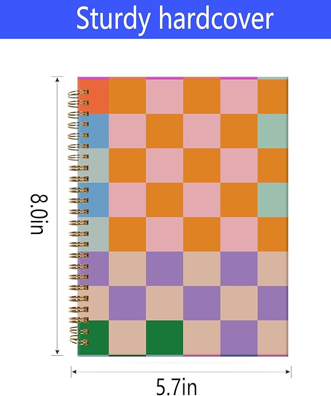 Spiral Journal Notebook,A5 Hardcover Lined Journals for Women Girl 6 x 8.3 in,120 Pages Thick Paper,Cute College Ruled Writing Notebook for Gifts Office Work School(Colorful Checkered)