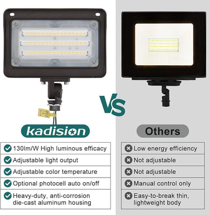 kadision LED Flood Light Outdoor, 50W/40W/30W 6500lm 3000K/4000K/5000K Selectable, Dusk-to-Dawn Photocell, IP65 Waterproof Adjustable Knuckle Mount Security Lights, 100-277V ETL Listed, 4 Pack