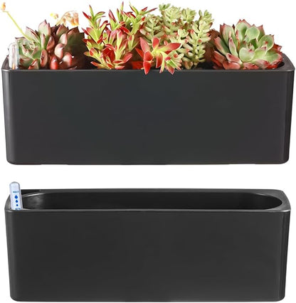 2 Pack Rectangular Self Watering Planter 15.6 x 5.4 in Window Sill Planters Indoor Rectangle Planter Self Watering Pots Plastic Plant pots with Drainage Holes Black Flower Pot (Black)