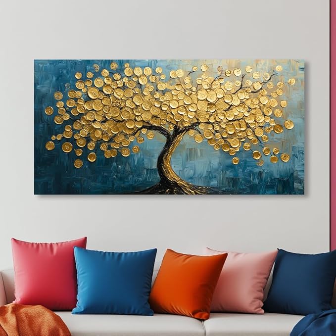 Modern Art Golden Lucky Tree Money Tree Canvas Wall Art Gold Tree of Life Painting Canvas Art Good Luck Money And Wealth Picture Stunning Poster Decorative for Home, Office & Hotel Lobbies, Ready to Hang (16x32 Inches)