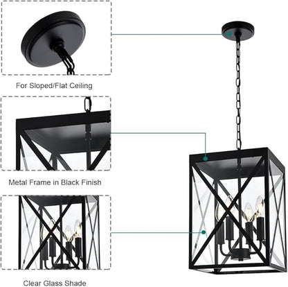 Black Outdoor Pendant Light 4 Lights Outside Pendant Hanging Light Fixture Ceiling Mount with Clear Glass Industrial Hanging Chandelier Latern for Porch,Entryway,Doorway,Farmhouse