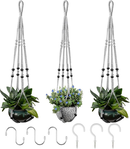 RIFNY Macrame Plant Hanger for 5 to 10 Inch Plant Pots, 35 Inch Indoor Handmade Woven Rope Hanger Kits with Hooks and Wood Beads, Hanging Planter Basket Holder for Boho Home Decor (Grey, 3 Pack)
