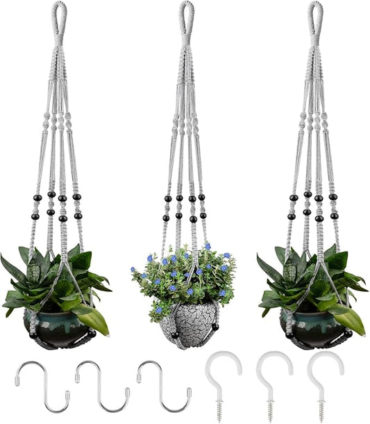 RIFNY Macrame Plant Hanger for 5 to 10 Inch Plant Pots, 35 Inch Indoor Handmade Woven Rope Hanger Kits with Hooks and Wood Beads, Hanging Planter Basket Holder for Boho Home Decor (Grey, 3 Pack)