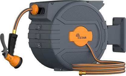 Retractable Garden Hose Reel 1/2"x82 ft, Automatic Hose Reel with 7 Pattern Nozzle, Any Length Lock Wall Mounted &180 Deg Swivel