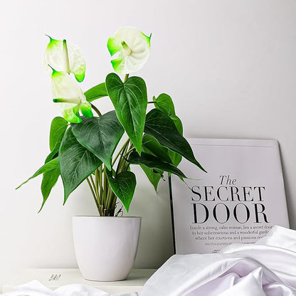Folmywy Artificial Flower Plants 15 inch Faux Simulation Anthurium White in Plastic Pot Real Touch Fake Flowers Bonsai Decor Garden Balcony Entranceway Living Room Indoor