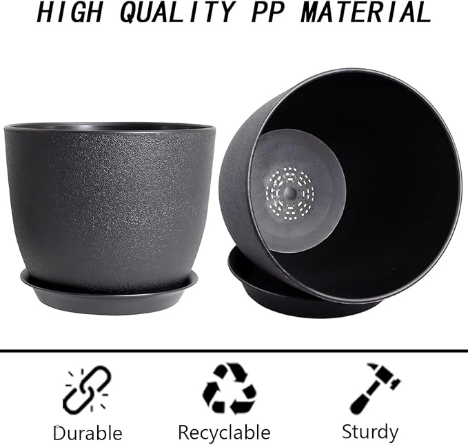 12 Inch 2 Pack Outdoor Flower Pots, Planting Pots with Saucers, Garden House Plants Planters with Drainage Hole Plant Pots Indoor Plants Black Color Plastic
