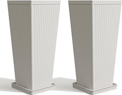Tapered Tall Planters for Outdoor Plants 2 Pack- 23.6 Inch Square Indoor Flower Pots with Drainage Holes and Partition/Tray Saucers, Large Outdoor Planters for Porch Patio Garden, White