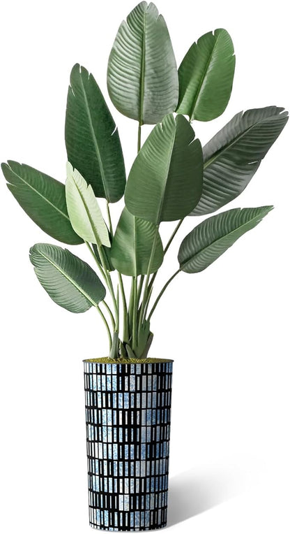 Artificial Tree in Contemporary Blue Stripe Patterned Planter, Fake Bird of Paradise Silk Tree for Indoor and Outdoor Home Decoration - 67" Overall Tall (Plant Pot Plus Tree)