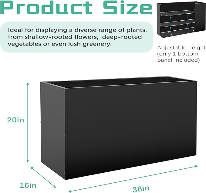 Metal Rectangular Planter Box, 38''L x16''Wx20''H Planter Boxes Outdoor Heavy Duty, Rectangular 3 Tier Adjustable Height Outdoor Galvanized Steel Plant Box, Garden Planter for Plants and Flowers