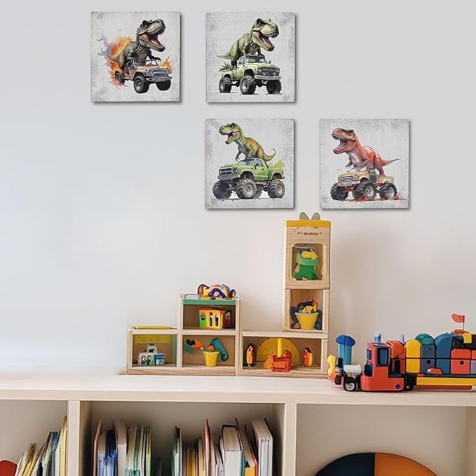 4 Pcs Dinosaur Canvas Wall Art Framed Dinosaurs Art Posters Retro Pictures Wall Decor Dinosaur Room Decor for Boys Canvas Decoration Artwork for Walls Home Living Room Bedroom Office