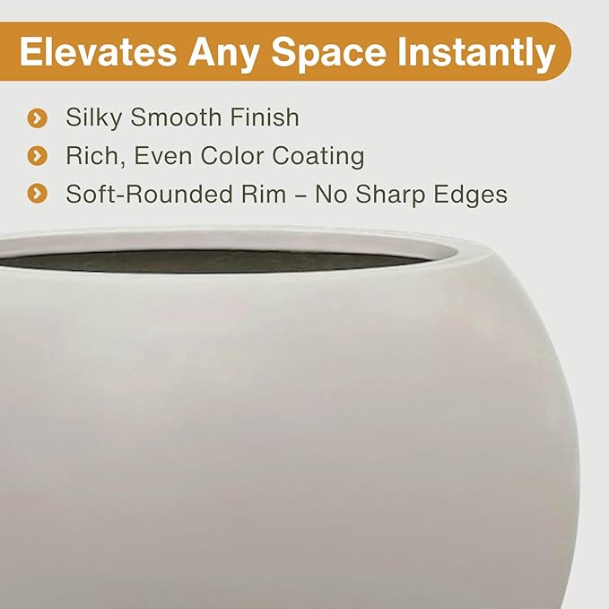 9.7" H x 12" D Globo Fiberstone Round Planter with Drainage Hole, Smooth Finishes, Weather Resistant for Indoor and Outdoor Use, Included 2 Extra Coco Mats (Taupe, 7.8" Pot Opening)