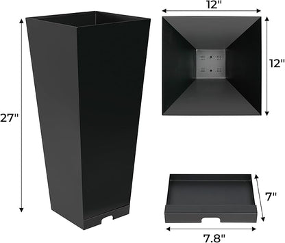 2-Pack Tall Galvanized Steel Planter Boxes with Quick-Clear Drains & Tray– Decorative 28" H Taper Planter for Indoors & Outdoors, Sturdy Metal Flower Pots for Birthday Festival & Decor