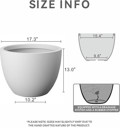 Kante 17.3 Inch Round Concrete Planter - Classic Large Indoor/Outdoor Plant Pot with Drainage Hole and Rubber Plug, Suitable for Gardens and Patios, White