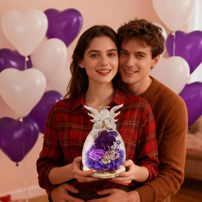 Purple Rose Valentines Day Gifts for Her Birthday Christmas Gifts for Women, Forever Rose in Glass Flowers for Delivery, Preserved Rose Angel Figurine for Mom Grandma, Mother’s Day Birthday Gifts