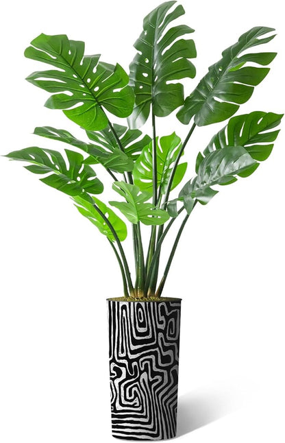 Artificial Tree in Modern Geometric Pattern Planter, Fake Monstera Silk Tree for Indoor and Outdoor Home Decoration - 65" Overall Tall (Plant Pot Plus Tree)