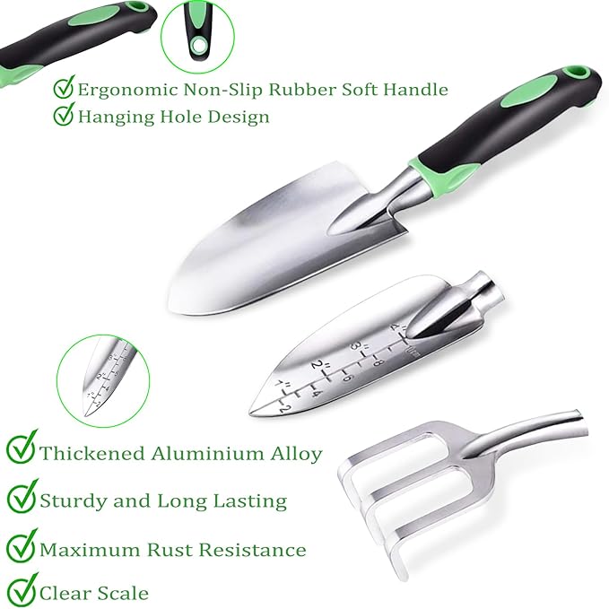 10 Piece Heavy-Duty Gardening Tools Set with Tote Bag - Rust-Proof Aluminum Gardening Hand Tools with Ergonomic Non-Slip Rubber Grips - Gardening Supplies Set Ideal Gift for Men & Women