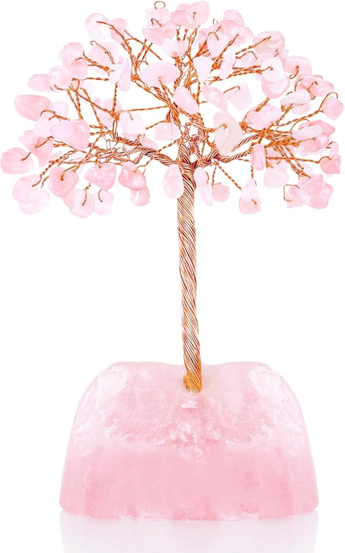 Rose Quartz Healing Crystal Tree Natural Reiki Crystals Gemstone Stone Base Copper Wire Tree Life Money Trees Pink Feng Shui Reiki Energy Tree for Home Office Desk Decor Good Luck Gifts for Women Men