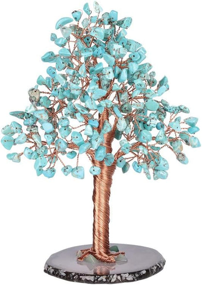 Natural Healing Crystal Tree of Prosperity Wire Wrapped on Agate Base Handmade Money Tree Bonsai Home Office Decoration for Good Luck, Green Howlite Turquoise