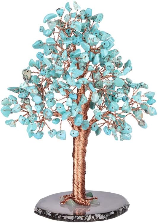 Natural Healing Crystal Tree of Prosperity Wire Wrapped on Agate Base Handmade Money Tree Bonsai Home Office Decoration for Good Luck, Green Howlite Turquoise