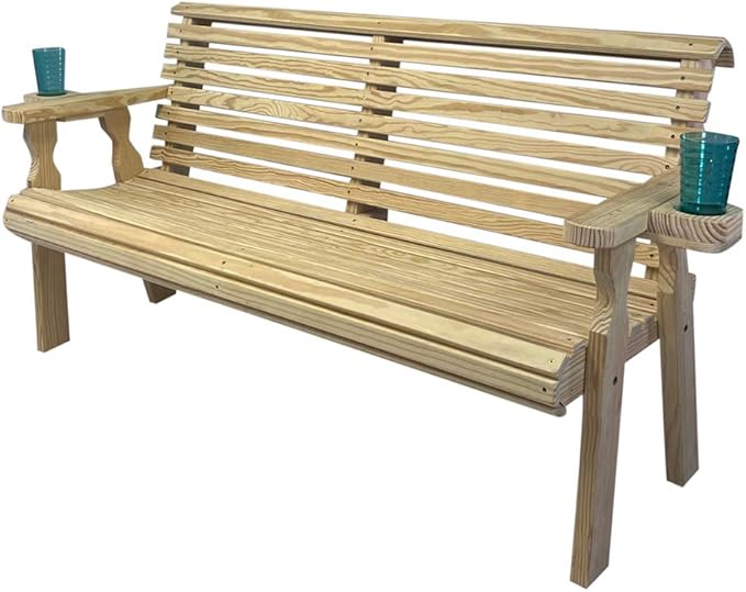 Amish Casual Heavy Duty Pressure Treated 4 Foot Outdoor Garden Bench with Cup Holders - Amish Crafted Roll Back Design in Unfinished, 700 Lb Weight Capacity