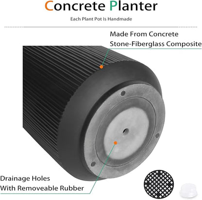 Concrete Planter Outdoor Indoor, Large Cement Plant Pots with Saucer for Trees Flowers (Vertical Black, 17 inch)