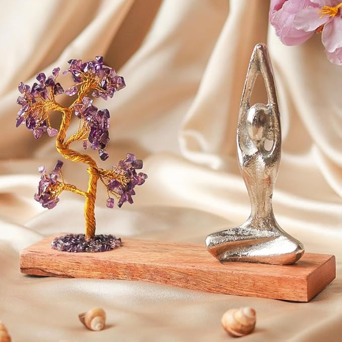 RITUALISTIC Namaste Amethyst Quartz Crystal Tree of Life Handcrafted Feng Shui Gemstone Bonsai Tree Home Decor Items Wealth & Luck Showpiece Decorative Gifts for Vastu, House Warming