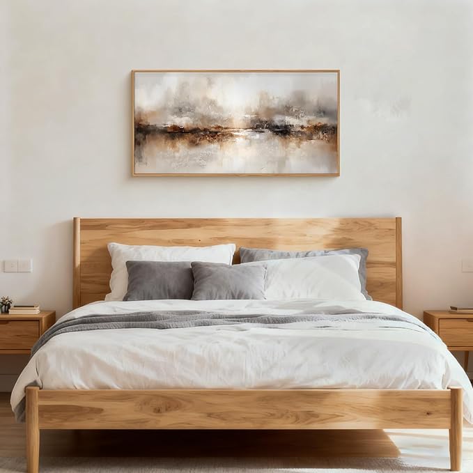 Large Abstract Brown Framed Canvas Wall Art,Neutral Brush Stroke Wall Decor,Modern Beige Gray Painting,Minimalist Textured Artwork for Living Room,Bedroom,Dining Room,Office -20"x40"x1