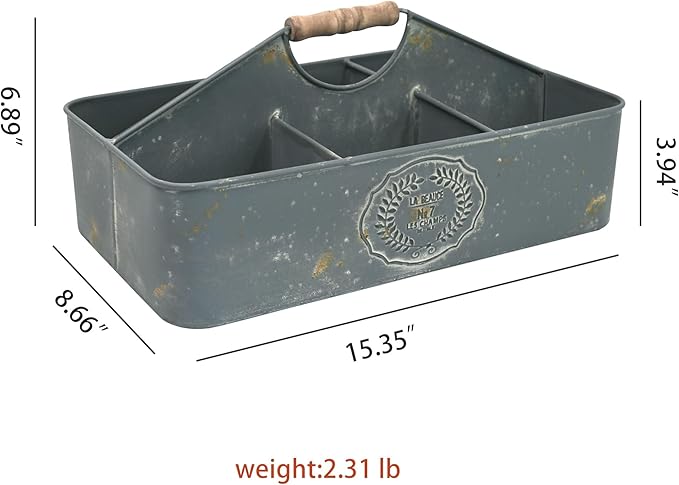 Vintage Metal Planter with Wooden Handle, Rustic Flower Pot with 6 Compartment Farmhouse Plants Holder Succulents Tubs for Garden Patio Yard Outdoor Decor (Blue - 6 Compartment)