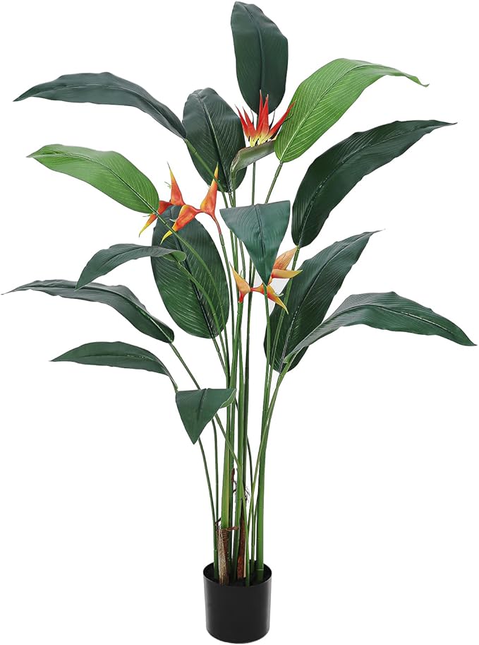 7ft Artificial Bird of Paradise Plant, Tall Faux Plants with 17 Faux Leaves and 3 Blooming Flowers, Artificial Plants Indoor with Black Nursery Pot for Home Decor Office Living Room 1 Pack