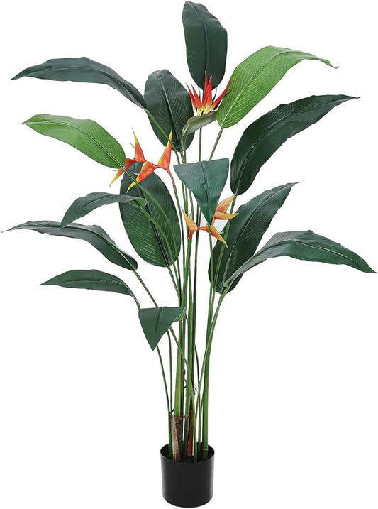7ft Artificial Bird of Paradise Plant, Tall Faux Plants with 17 Faux Leaves and 3 Blooming Flowers, Artificial Plants Indoor with Black Nursery Pot for Home Decor Office Living Room 1 Pack