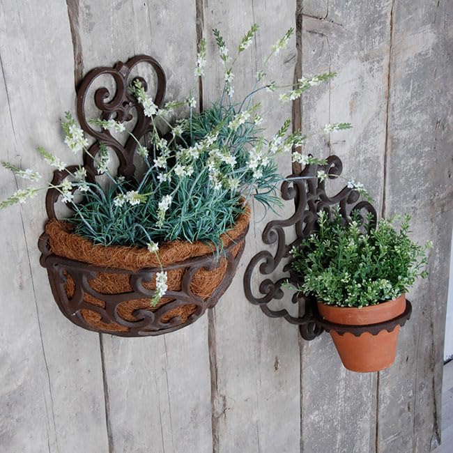 BestNest 2 Pack Esschert Design Victorian Half-Round Wall Planters | Ornate Cast Iron Scrollwork Wall Planters | Rustic Brown & Black Finish | Decorative Outdoor Planters for Flowers, Herbs & Greenery