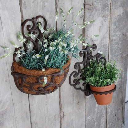 BestNest 2 Pack Esschert Design Victorian Half-Round Wall Planters | Ornate Cast Iron Scrollwork Wall Planters | Rustic Brown & Black Finish | Decorative Outdoor Planters for Flowers, Herbs & Greenery