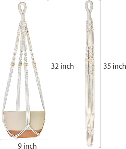 35 Inch Macrame Plant Hanger Indoor Outdoor Fits 4 to 15 inch pots Hanging Planter Basket with Wood Beads and No Tassels,Boho Home Decor,Ivory,Set of 3 (Pots Not Included)