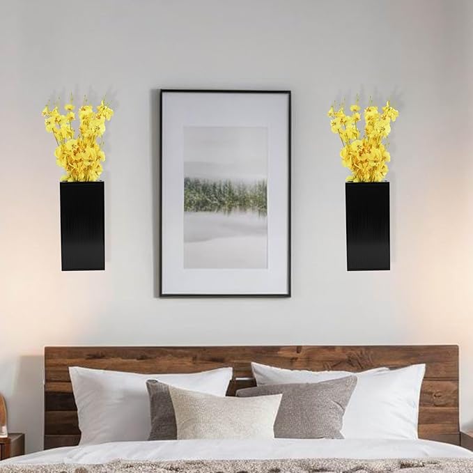 Wood Wall Planter Set of 2, Modern Wall Hanging Decor Pocket Planter for Greenery and Dried Flowers, Indoor Wood Hanging Vase (Black)