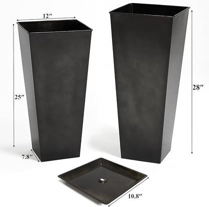 Worth Garden Large Metal Glazed Planter Set of 2 (25" + 28"), Luxurious Glossy Finish Black Tall Square Tapered Steel Plant Pot, Decor Flower Pot Indoor & Outdoor, Drainage Hole & Dual-Purpose Saucer