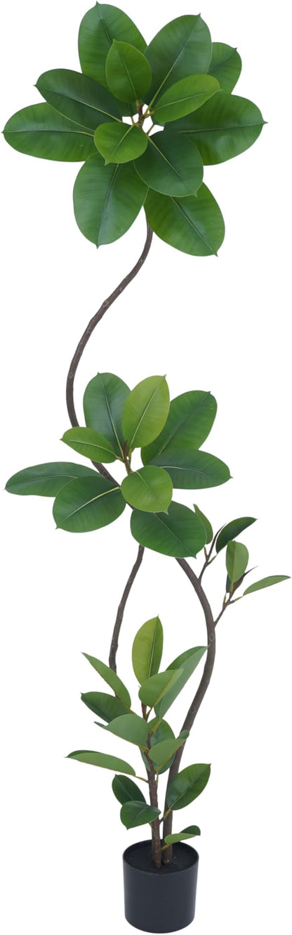 Artificial Rubber Tree Plant, 78 Inch Indoor Tree, Black with Round Planter, All Season Home Decor (Green,6.5ft)