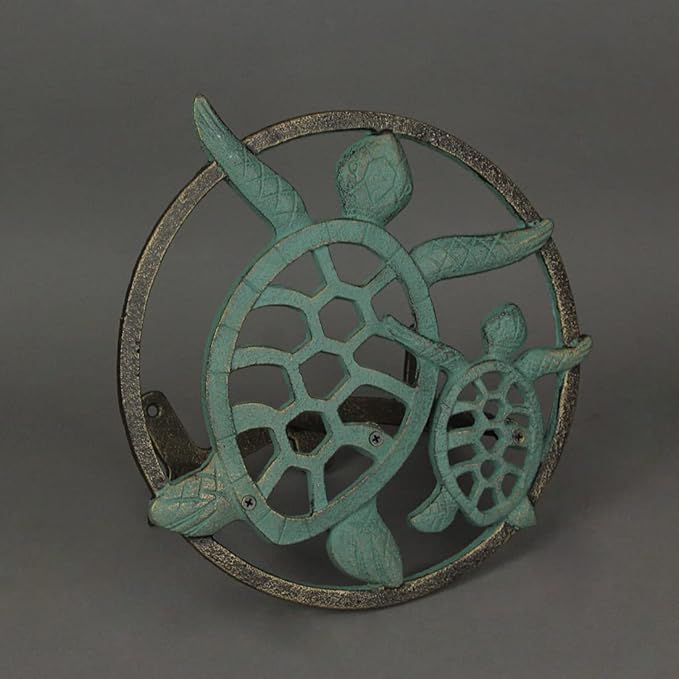 Verdigris Bronze Finish Cast Iron Sea Turtle Decorative Wall Mounted Hanging Garden Hose Hanger - 12 Inches Diameter - Ocean-Inspired Hose Holder Décor