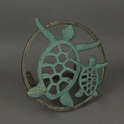 Verdigris Bronze Finish Cast Iron Sea Turtle Decorative Wall Mounted Hanging Garden Hose Hanger - 12 Inches Diameter - Ocean-Inspired Hose Holder Décor