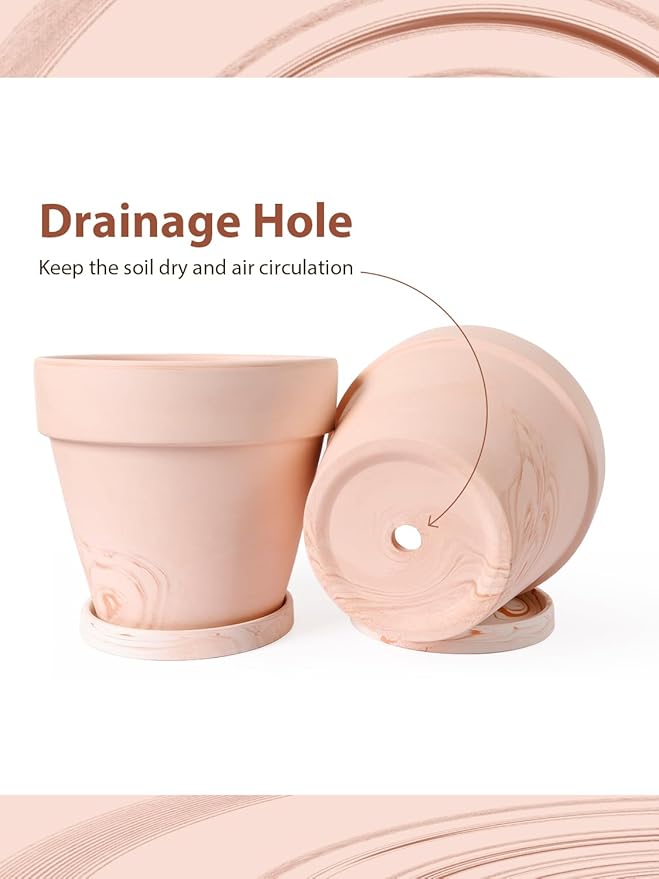 INGOFIN Terracotta Plant Pots 4.7/5.1/6.3 Inch Set of 3, Red White Clay Flower Pots with Drainage Holes & Tray Saucer, Breathable Garden Planters for Indoor Outdoor, Succulent, Cactus, Herbs