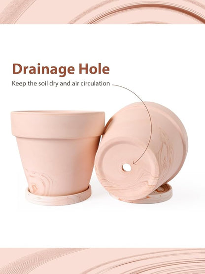 INGOFIN Terracotta Plant Pots 4.7/5.1/6.3 Inch Set of 3, Red White Clay Flower Pots with Drainage Holes & Tray Saucer, Breathable Garden Planters for Indoor Outdoor, Succulent, Cactus, Herbs